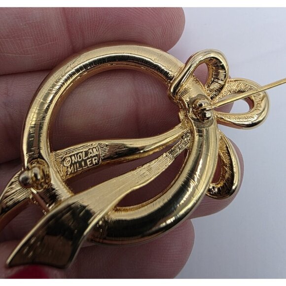Vintage Signed Nolan Miller Bow Circle Gold Tone Brooch Pin w/Rhinestones 2" EUC - Picture 6 of 7